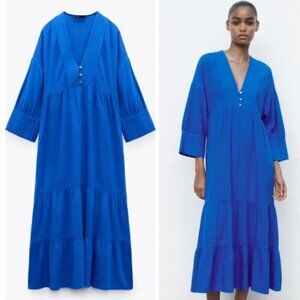 Zara Dress Womens XS Blue Cobalt Linen .Long Midi Tiered Boho Ruffles